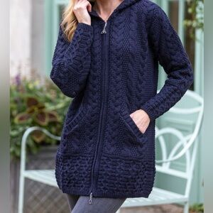 Aran Crafts 100% Merino Wool Full Zip HoodedSweater Celtic Zipper Navy Ireland S